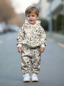 SHEIN Baby Boy Casual Minimalist Cute Bear, Adorable Zebra Print, Sloth Design, Lion Pattern Loose Comfortable Knit Soft Hoodie Sweatsuit Set, Suitable For Autumn/Winter - Multicolor - View 1