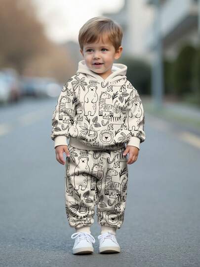 SHEIN Baby Boy Casual Minimalist Cute Bear, Adorable Zebra Print, Sloth Design, Lion Pattern Loose Comfortable Knit Soft Hoodie Sweatsuit Set, Suitable For Autumn/Winter