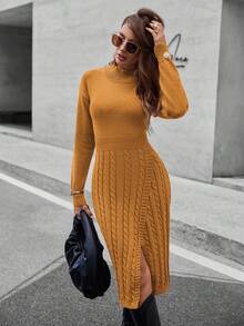 EMERY ROSE Waist-Cinched Long Slit Elegant Women Sweater Dress - Orange - View 5