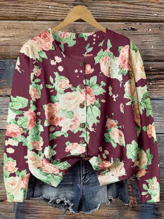 SHEIN Privé Plus Size Floral Print Long Sleeve Cardigan