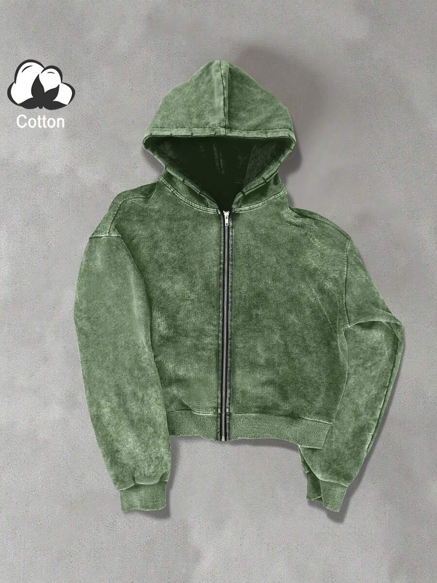 PAVTROS Plain Green Knitted Fabric Men's Hoodie Short Length Zip-Up With Drop Shoulder Long Sleeve Tops - Green - View 1