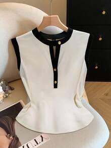 SHEIN PETITE Maglietta estiva casual senza maniche con blocchi di colore per donna - Albicocca - Visualizzare 4