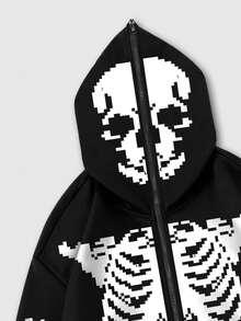 ROMWE MEN Goth Sudadera con capucha con cierre de cremallera de estilo estadounidense para hombre, con estampado gráfico de calavera, para otoño/invierno - Negro - Ver 4