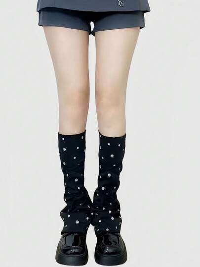 Kawaii 1 par de calentadores de piernas con estampado de huellas de perro en blanco y negro, diseño minimalista y elegante estilo Y2K, adecuados para uso diario, escuela, citas, compras