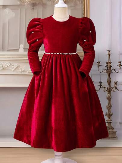 Girls Embroidered Bubble Dress With Waist Pearls, Sweet & Elegant, Suitable For Birthday Parties, Gatherings, Comfortable Fabric, Suitable For Spring, Autumn, Winter