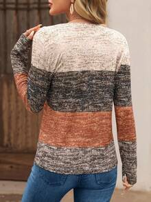 EMERY ROSE Shiny Striped V-Neck Long Sleeve T-Shirt Graphic Tees Women Tops For Spring - Multicolor - View 2