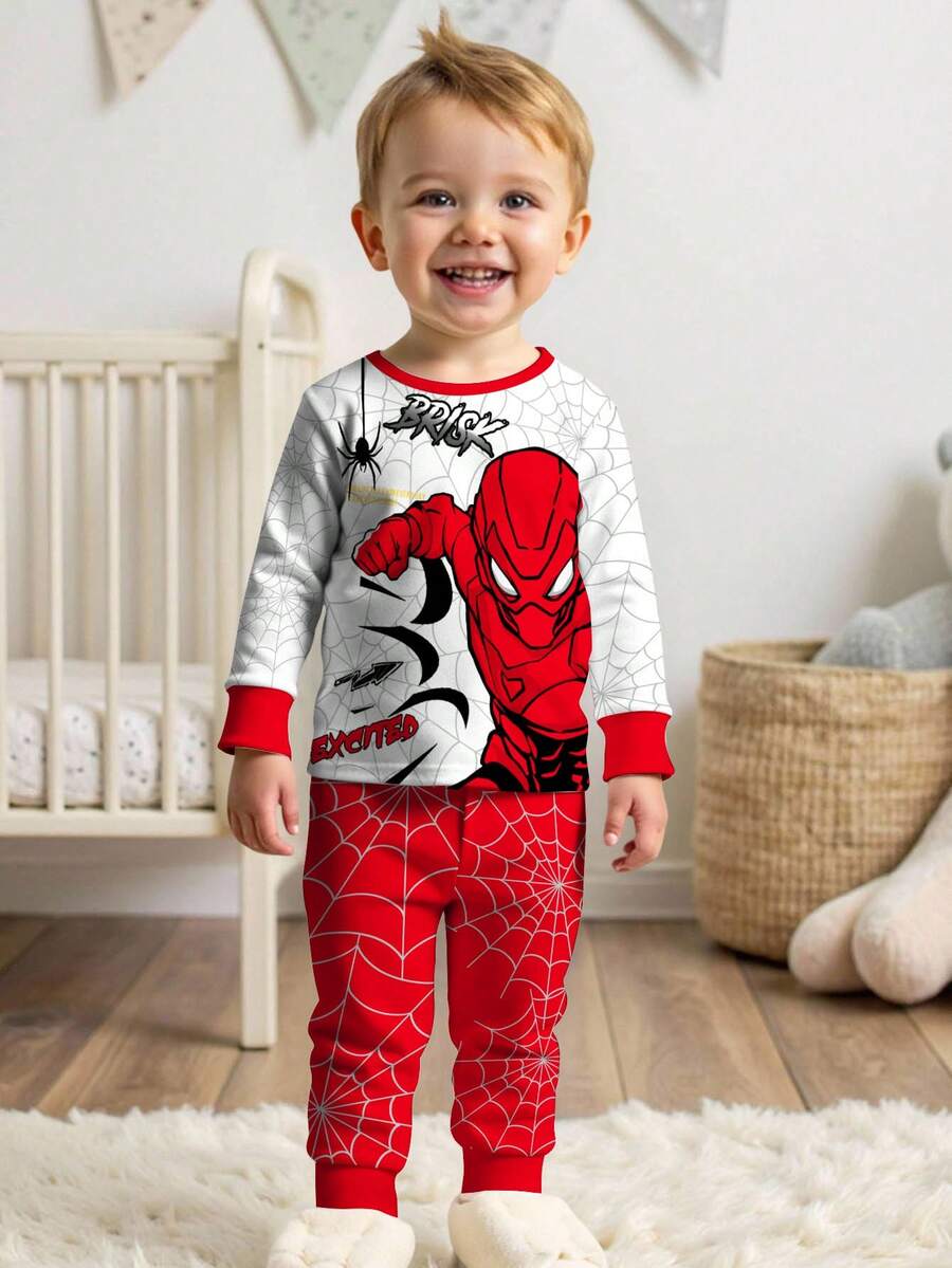 SHEIN 小男孩休闲修身圆领长袖睡衣套装，舒适贴身，经典酷炫蜘蛛网印花图案，适合秋冬季