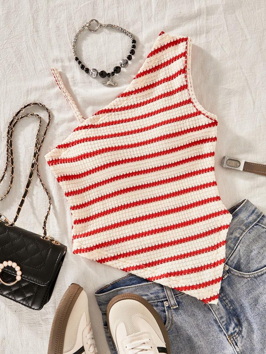 Tween Girls CasualPersonalizedy Camisole, Black & White Knit FabAsymmetricalgular Straps & Hem, Suitable For Travel, Vacation, Walking, Outings, Can Be Paired With Pants, Shorts, Skirts, Jackets - Red and White - View 1