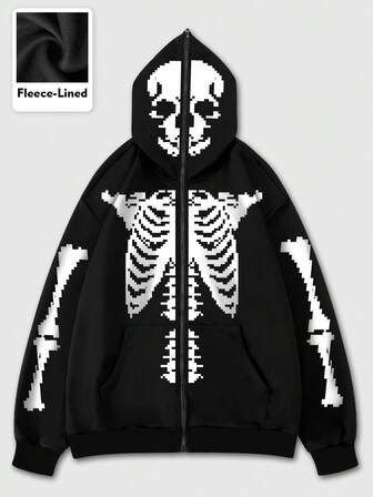 Street Life Autumn/Winter Fashion American Style Zipper Closure Black Hoodie Sweatshirt For Men, Skull Graphic Print