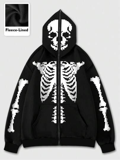 Street Life Autumn/Winter Fashion American Style Zipper Closure Black Hoodie Sweatshirt For Men, Skull Graphic Print