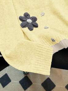 Franclia Áo len cardigan mềm mại, ấm áp, họa tiết hoa thủ công thanh lịch dành cho phụ nữ nhỏ nhắn mùa thu/đông - Vàng nhạt - Xem 4