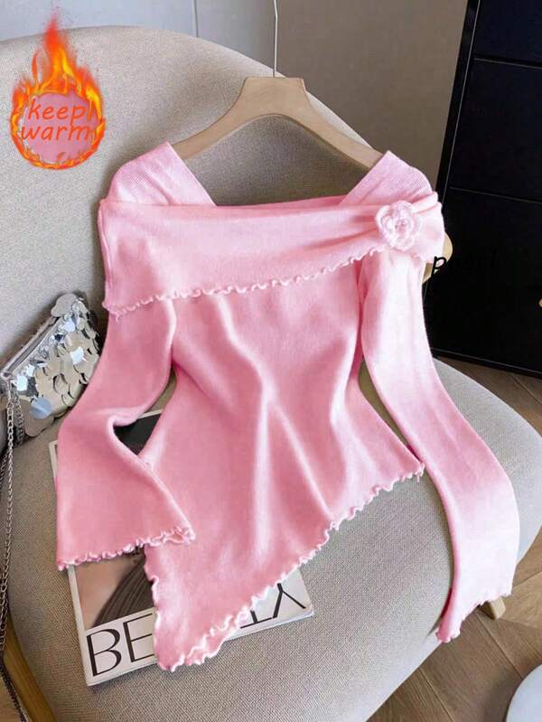 GlowEve Women's Elegant 3D Floral Asymmetric Hem Long Sleeve T-Shirt, Autumn