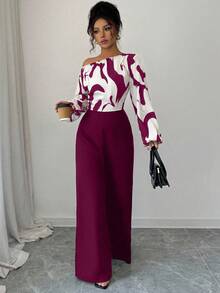 Elenzga 女式印花拼布腰部阔腿连体裤，优雅廓形，适合日常通勤和百搭穿着 - 酒紅色 - 查看 3