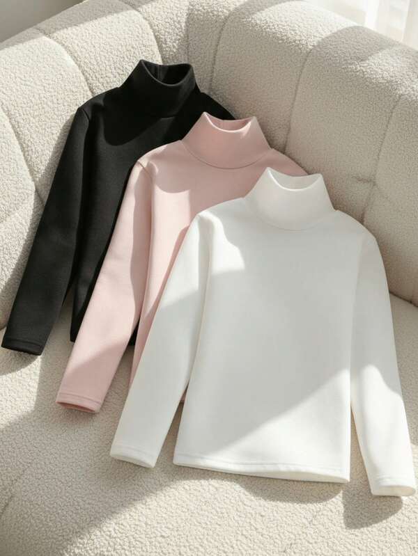 SHEIN 3 peças Tween Girl Casual Gola Alta Manga Longa Estampa de Gato Térmica Forrada Camisetas