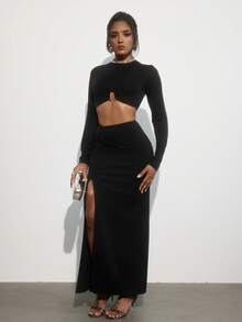 Zyxie Vestido ajustado de manga larga y espalda descubierta elegante y sexy para mujer, adecuado para primavera y otoño - Negro - Ver 2