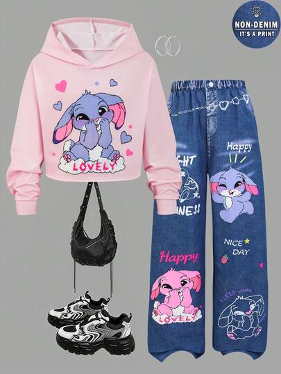 Sparklyn Conjunto informal de niña preadolescente de sudadera con capucha de estampado de graffiti versátil y pantalones holgados con efecto de mezclilla y estampado de graffiti