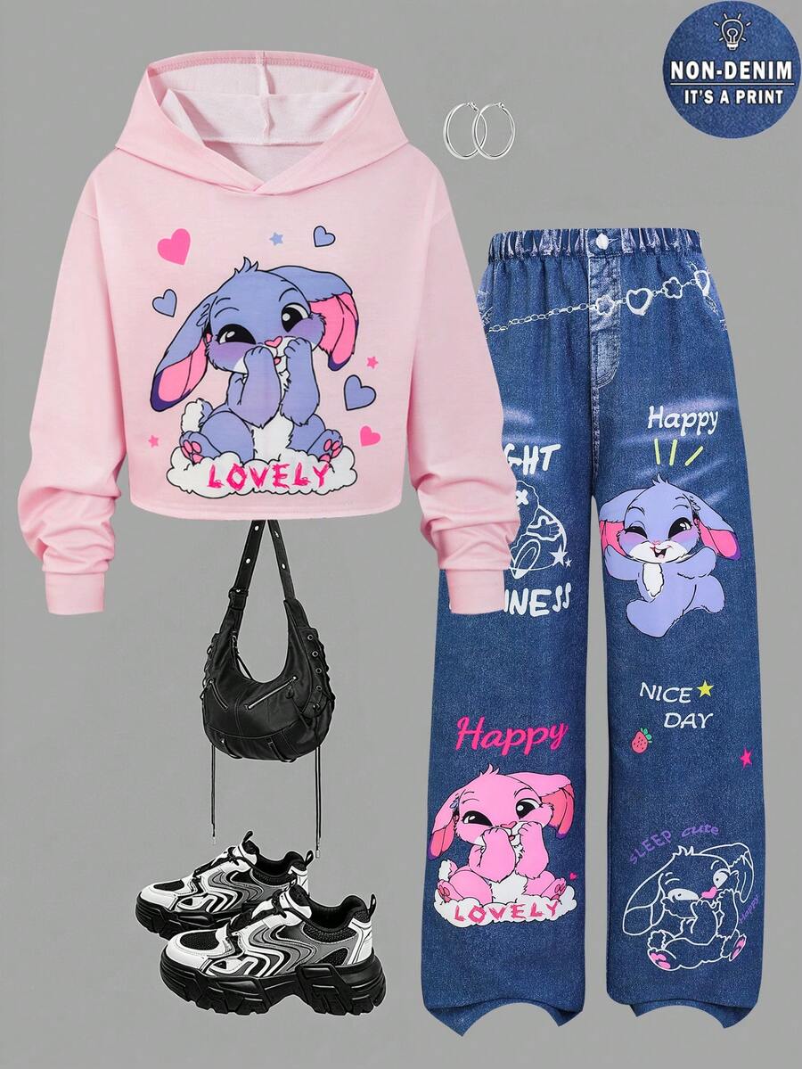 Sparklyn 少女休闲百搭日常涂鸦图案连帽短款卫衣+牛仔风涂鸦宽松裤套装 - 彩色 - 查看 1