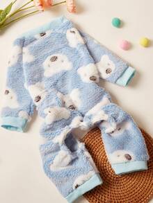 PETSIN 1pc Pet Cat Dog Universal Blue Bear Pattern Printed Cute Fashion Autumn/Winter Plush Warm And Comfortable Round Neck Dog Jumpsuit
