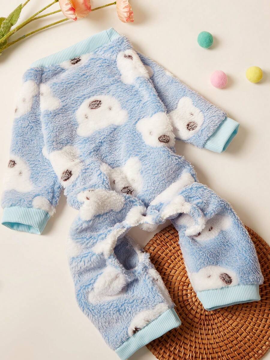 PETSIN 1pc Pet Cat Dog Universal Blue Bear Pattern Printed Cute Fashion Autumn/Winter Plush Warm And Comfortable Round Neck Dog Jumpsuit