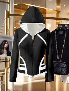 GlowEve 2pcs Women's Zip-Up Hooded Jacket And Wide Leg Pants Thermal Lined Set - Black - View 4