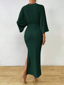 Celisse Elegantes Damen Maxikleid mit einfarbigen Fledermausärmeln, Schlitz und Fischschwanz, für Frühling & Herbst - Dunkelgrün - Übersicht 2