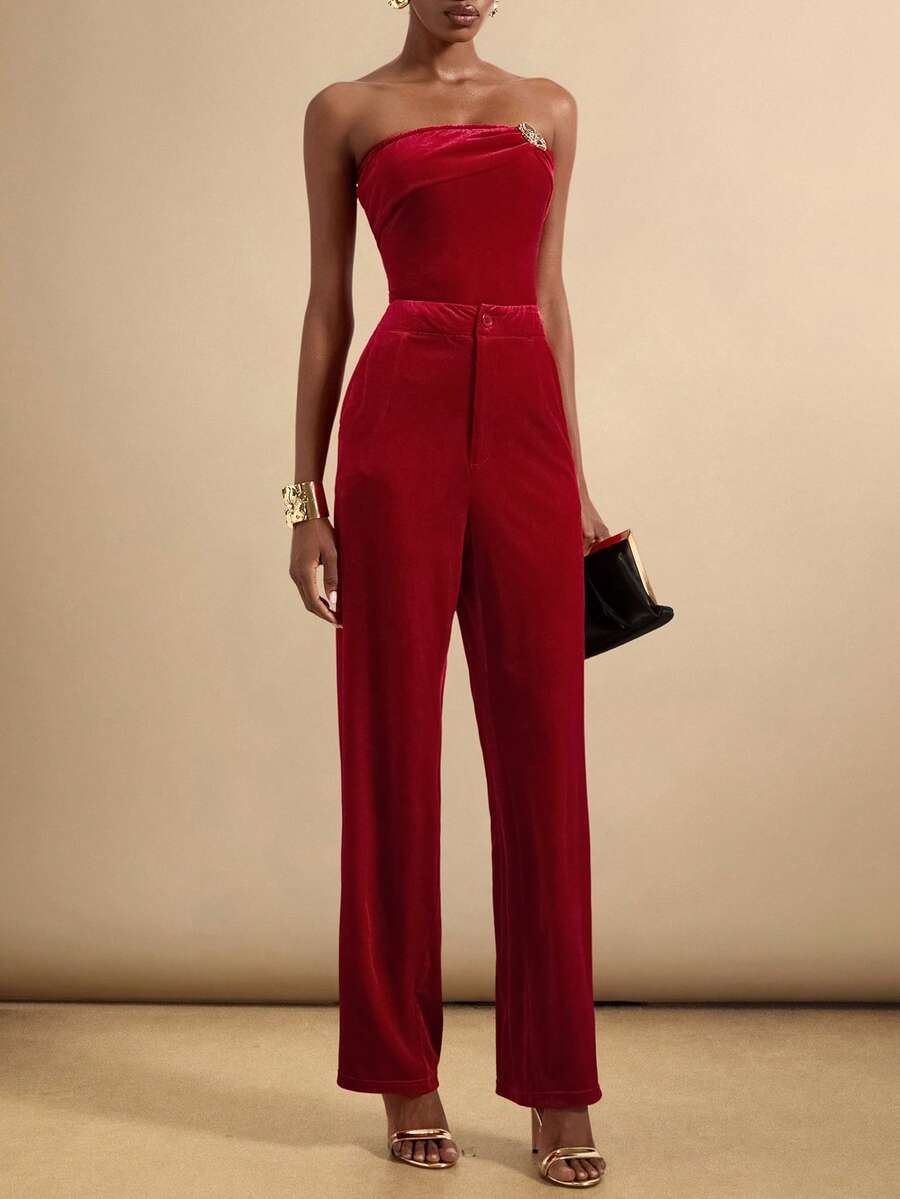 Lyxana Women's Fashionable Burgundy Velvet Bandeau Top Set Women Red Outfit - Burgundy - View 1
