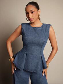 Vixey 垫肩圆领无袖荷叶边牛仔上衣 - 中等水洗藍 - 查看 4