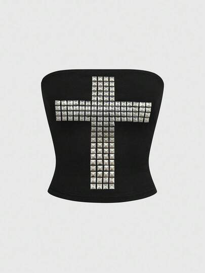 Goth Débardeur court en coton noir vintage sexy avec croix strass et style punk gothique pour festival de musique pour femmes