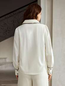 ZEYLAH White Blouse With Black Floral Lace Trim, Suitable For Commuting - Beige - View 2