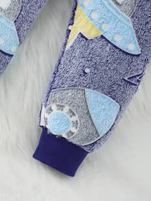 SHEIN Playful Pals 小男孩可爱恐龙印花羊毛拉链连帽连体裤，温暖舒适的休闲家居服，秋冬 - 彩色 - 查看 4