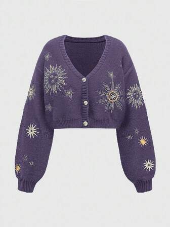 Fairycore Cardigan da donna in stile misterioso da strega, con ricamo di sole e luna