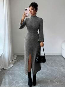 Modelyn 女式高领紧身针织开衩连衣裙，秋冬 - 深灰色 - 查看 5
