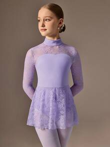 SHEIN 青少年女孩运动紧身衣，适合芭蕾舞、返校、校园健身、训练、比赛、休闲穿着。时尚弹力网眼长袖设计，舒适有弹性的舞蹈运动服