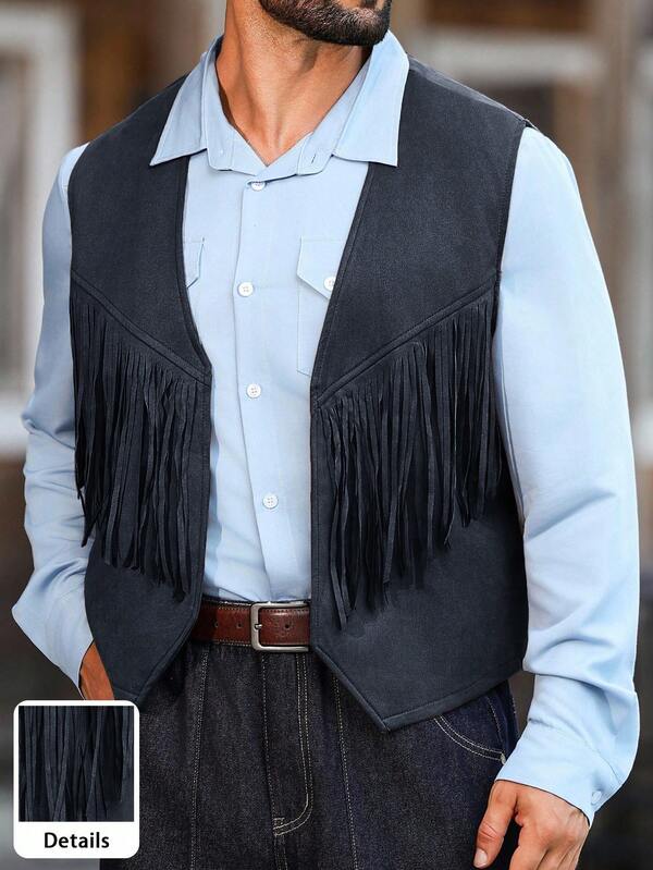 Manfinity Nomadique Solid Color Fringe Decor Fashionable Retro Versatile Suedette Vest