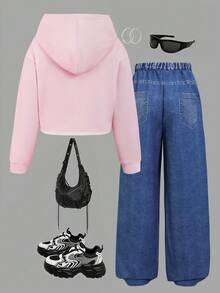 Sparklyn 少女休闲百搭日常涂鸦图案连帽短款卫衣+牛仔风涂鸦宽松裤套装 - 彩色 - 查看 2