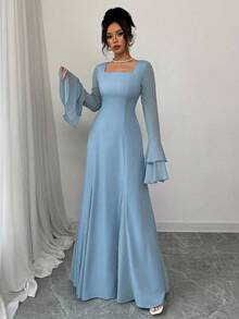 Rafferiza 女式蓝色方领双层荷叶边袖口长款秋千连衣裙