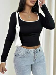 Chiquease 1pc Women's Contrast Binding Crew Neck Long Sleeve Bodycon Cropped T-Shirt For Spring Outfit