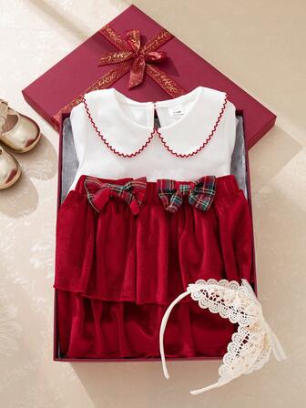 Souflis Souflis Blusa de manga larga con cuello de Peter Pan en color blanco retro francés, combinada con falda de tirantes, adecuada para la escuela, salidas, fiestas, vacaciones, conjunto para niña bebé