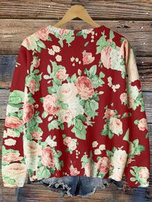 SHEIN Privé 大码印花长袖开衫 - 紅色 - 查看 2