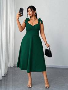 Elenzga Plus Size V-Neck Ruched Waist Slit Elegant Romantic Dress For Women Green St Patricks Day St Patrick's Day - Dark Green - View 4