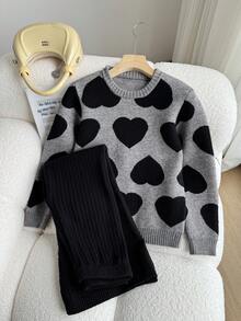 Sparklyn 2 件套女童圆领毛衣和喇叭针织裤，心形图案长袖针织上衣和裤子，温暖的 WinTween 女孩儿童服装，时尚灰色套装 - 灰色 - 查看 6
