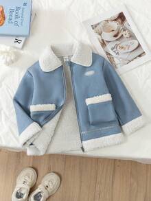 Genkimix Kids Winter Young  Girl's Blue Fashionable Plush Jacket With Zipper Pocket, Casual And Comfortable, Suitable For School And Outdoor ActivitiesFashionable Girls Faux Fur Lined Jacket, Casual & Versatile, Autumn/Winter Cute Jacket Kids Jacket Girl Clothes Autumn And Winter Clothes Fleece Jacket Coat For Girls Blue Jacket For Girls - Blue - View 6