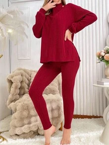 SHEIN 酒红色纯色针织立领上衣和打底裤休闲睡衣套装，女士酒红色家居服两件套，女士长袖家居服套装，舒适保暖，秋冬服装 - 酒紅色 - 查看 6