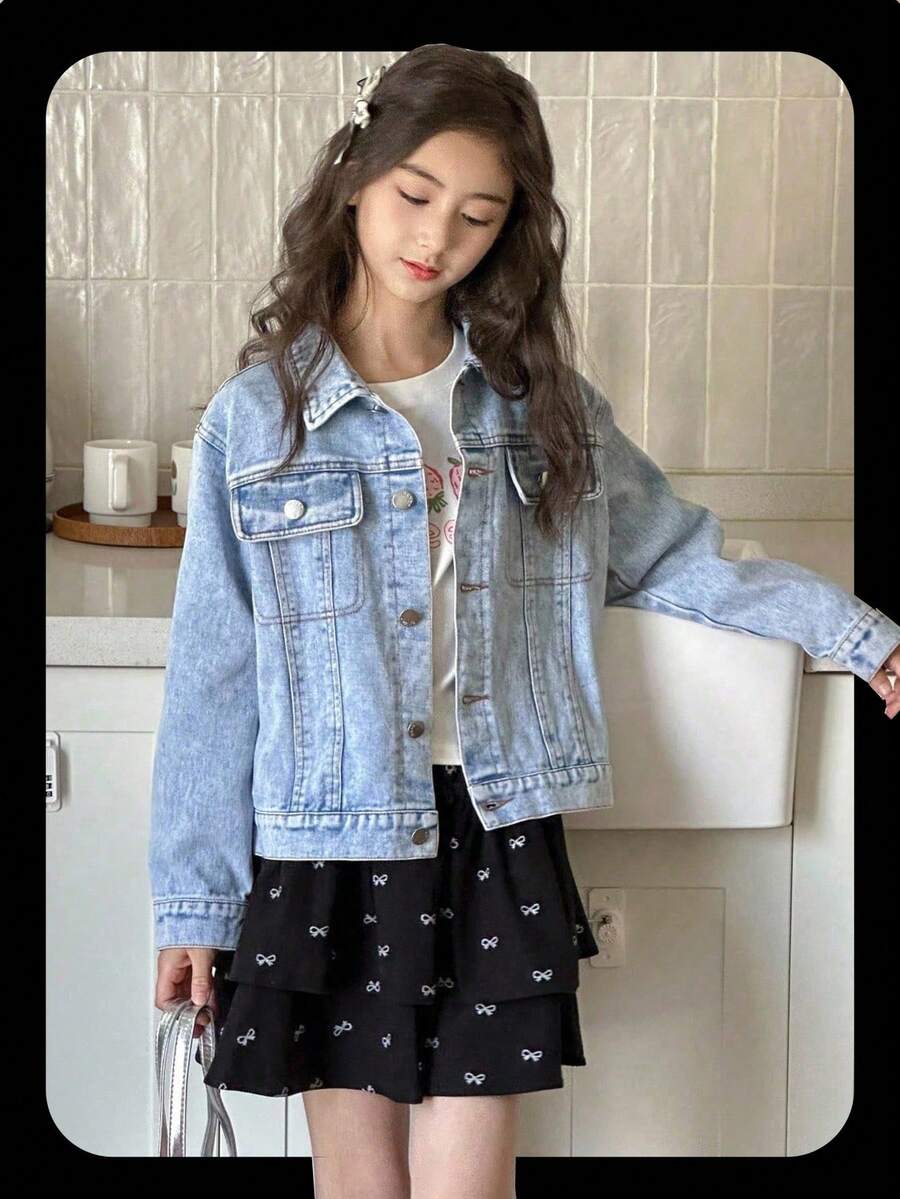 SHEIN 复古水洗少女休闲宽松百搭牛仔夹克和外套，可爱贴袋设计，百搭日常穿着