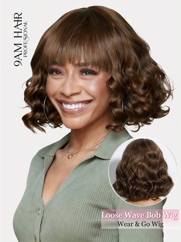 Flaxen Brown Loose Wave Bob Wig With Bangs 100% Human Hair 12 Inch Bang Bob Wig With Loose Deep Curl Short Loose Body Bob Wig