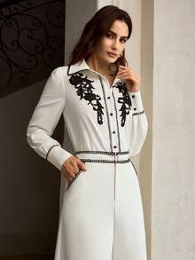 ZEYLAH White Blouse With Black Floral Lace Trim, Suitable For Commuting - Beige - View 6