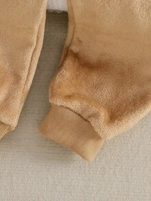 Young BoyAutumn/Winter Bear Embroidery Graphic Khaki Minimalist Plush Hooded Long Sleeve Jumpsuit Pajamas, Home Wear - Khaki - View 8