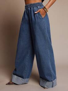 Vixey Fold Over Cuffed Hem Elastic Waistband Wide Leg Jeans - Medium Wash - View 4