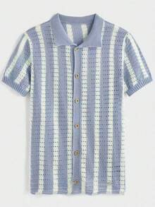 RONVEXI Men's Contrast Striped Short Sleeve Knit Top, Suitable For Summer - Baby Blue - View 2