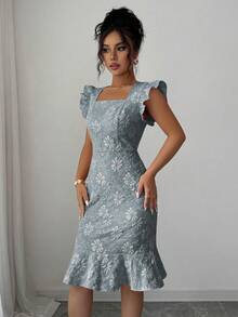 Elenzga Elegant Jacquard Commuter Dress, Summer - Gray Blue - View 6